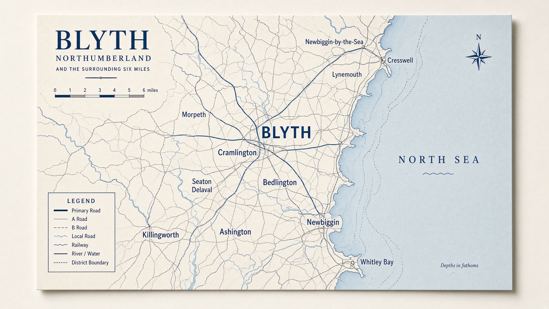 Map of Blyth and surrounding towns within about six miles